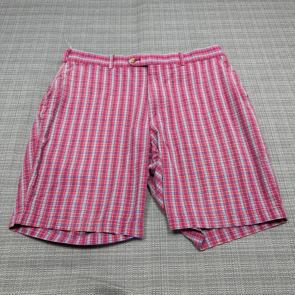 Peter Millar Shorts Mens 36 Pink Blue Seersucker Textured Golf Casual‎ Preppy